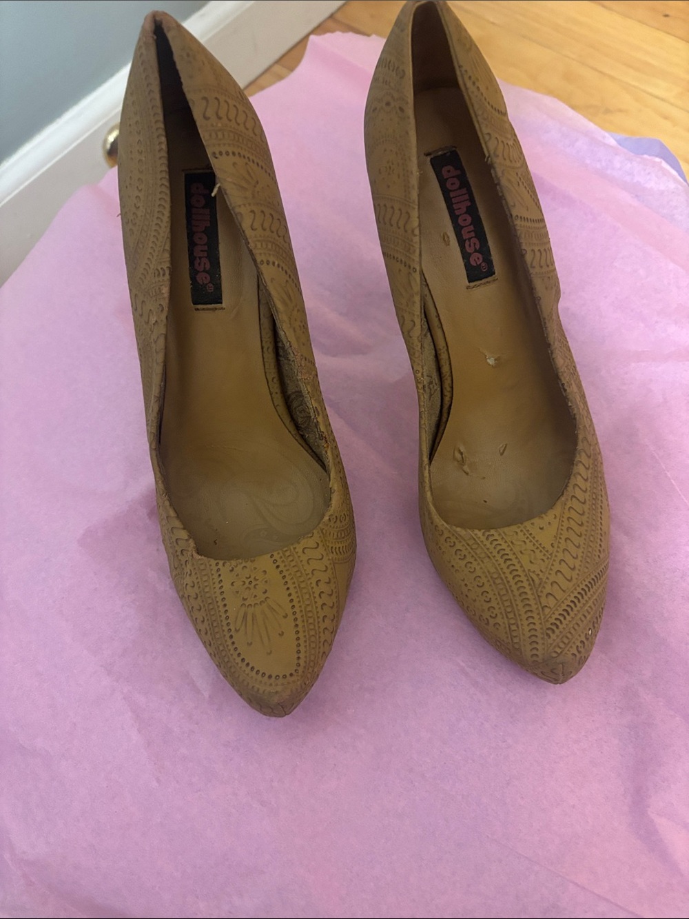 Dollhouse Tan Laser-Cut Pointed Toe Heels